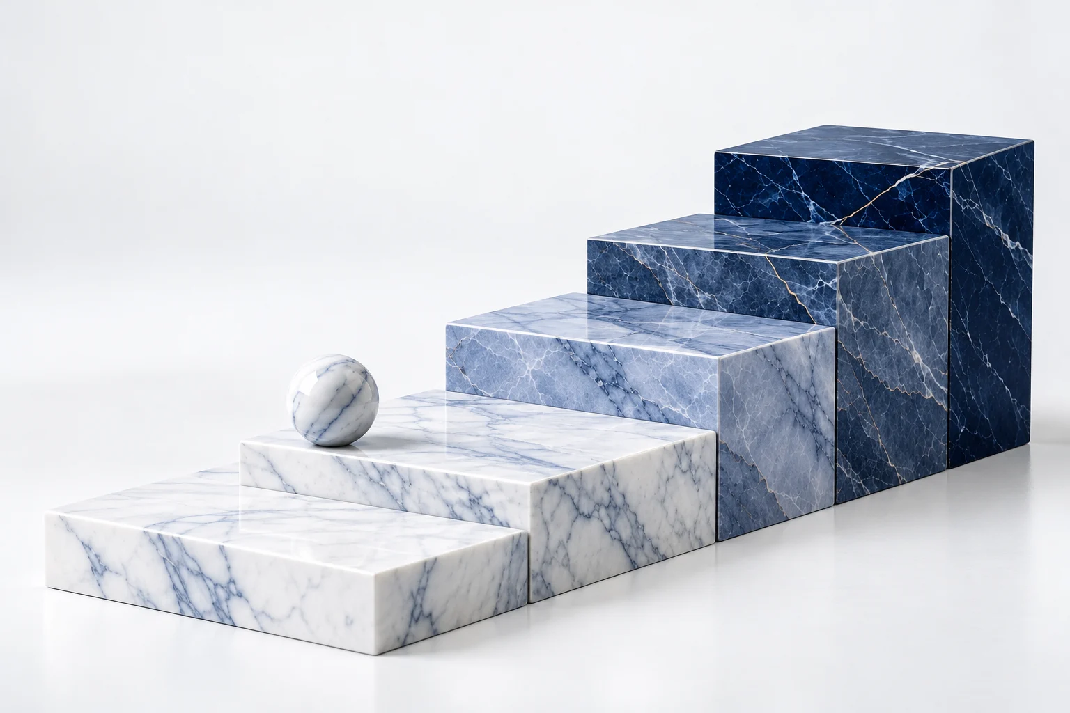 Polished marble steps rising from white to navy, a small white sphere on a low step and the top step empty